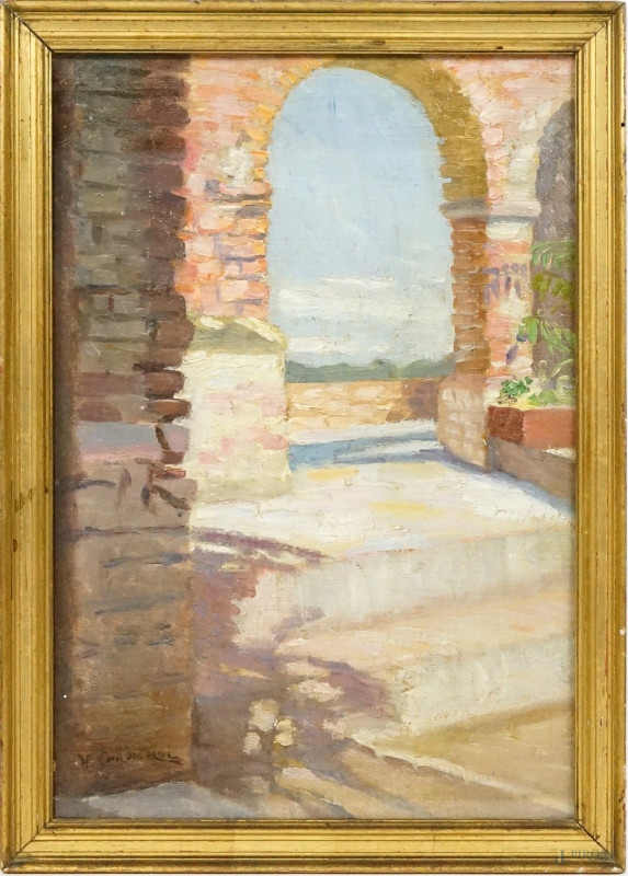 Portico,  olio su tela riportata su cartone, cm 41x29, firmato, entro cornice.  - Asta ASTA A TEMPO DI ANTIQUARIATO E ARTE MODERNA - Aste Pirone