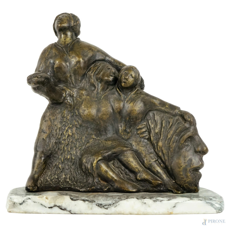 Gruppo scultoreo in bronzo, cm h 25x 22x11,5, firmato, base in mamro grigio  - Asta II TORNATA DI ASTA DI ARTE MODERNA E ANTIQUARIATO - Aste Pirone