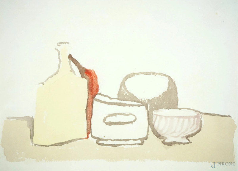 Giorgio Morandi (Bologna 1890-1964), Natura morta, carta Fabriano applicata su tavola, realizzata dall'originale con 16 passaggi di colore,, cm 24,5x27,5  - Asta I TORNATA DI ASTA A TEMPO DI ARTE MODERNA E ANTIQUARIATO - Aste Pirone