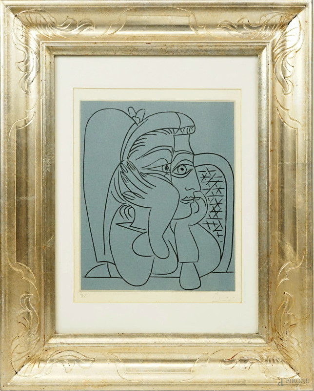 Pablo Picasso : Femme Accoudee, linoleografia, cm 30x23,5, esemplare H.C., entro cornice  - Asta ASTA A TEMPO DI ANTIQUARIATO E ARTE MODERNA - Aste Pirone