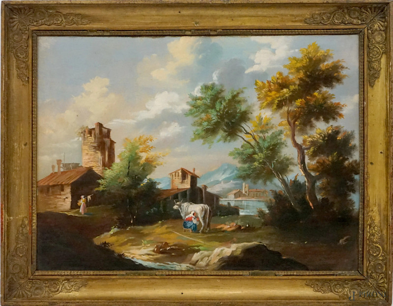 Paesaggio con case, armento e figure, olio su tela, cm 50x70, siglato, entro cornice.  - Asta ASTA A TEMPO DI FINE STAGIONE - Aste Pirone