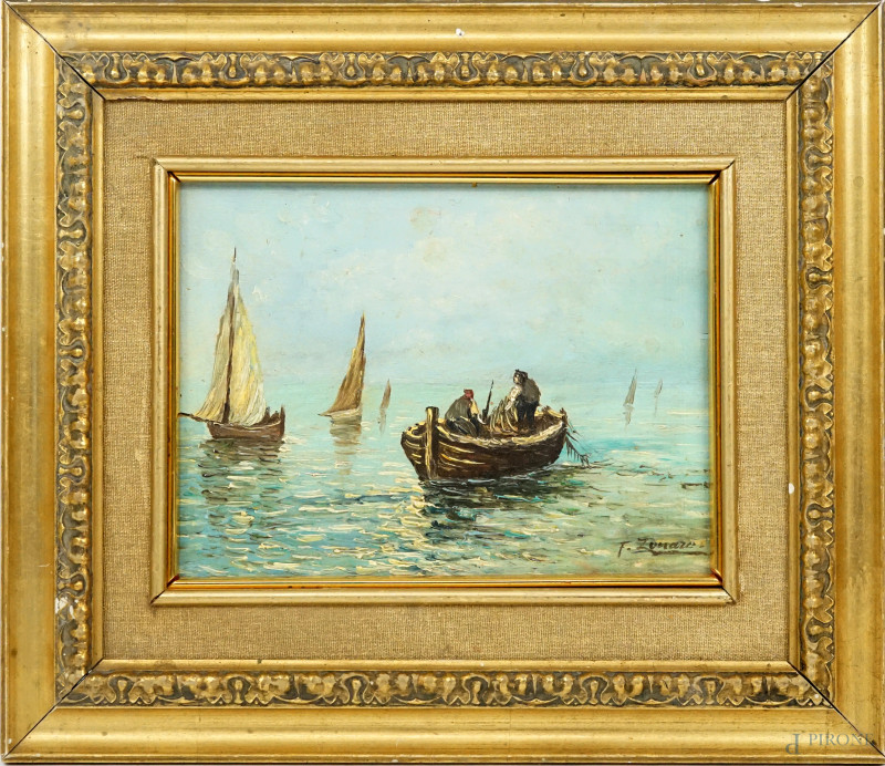 Pescatori, olio su compensato, cm 19x25, firmato, entro cornice.  - Asta ASTA A TEMPO DI ANTIQUARIATO E ARTE MODERNA - Aste Pirone