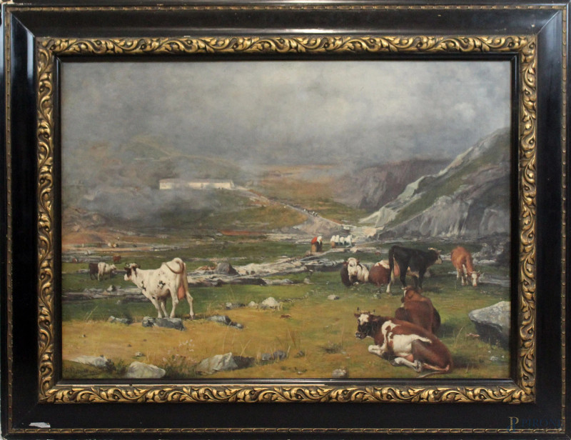 Paesaggio piemontese con figure ed armenti al pascolo, olio su tela, cm 75,5x105,5, firmato e datato, entro cornice.  - Asta ANTIQUARIATO E ARTE MODERNA - Aste Pirone