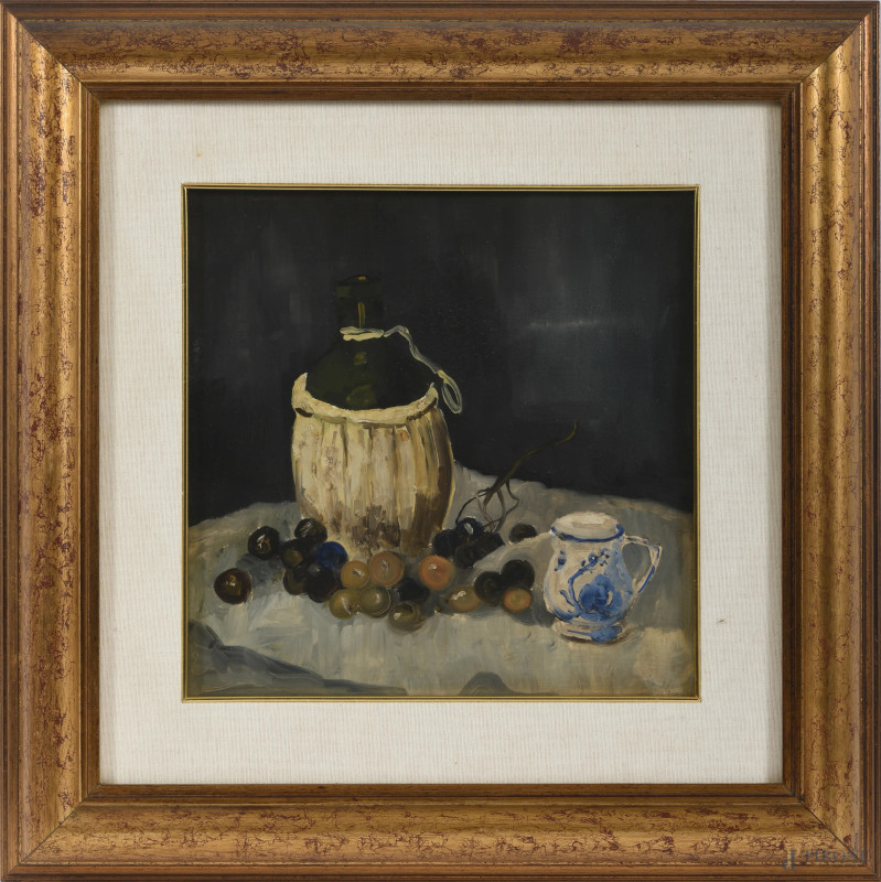 Natura morta con fiasca e uva, olio su cartone, XX secolo, cm 30x30, entro cornice  - Asta ASTA A TEMPO | VARIÆ - Aste Pirone