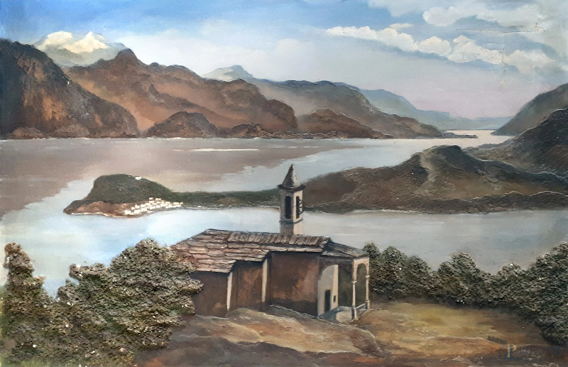 Paesaggio lacustre con chiesetta, antico dipinto ad olio su tela con particolari pittorici a rilievo, fine anni '30, cm 51x80, firmato  - Asta ASTA DI ARTE MODERNA E ANTIQUARIATO - Aste Pirone