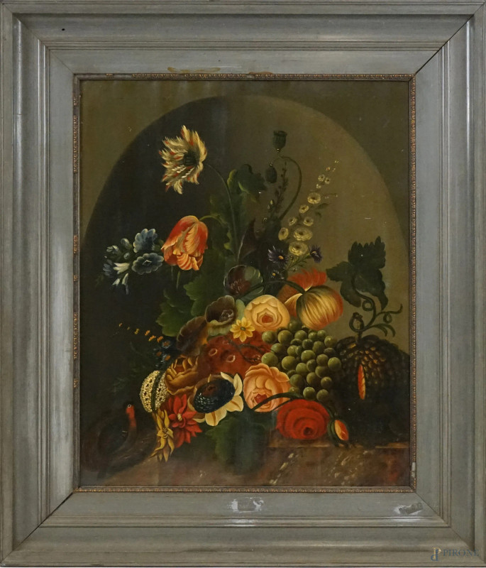 Natura morta - fiori con uccelino e nido, olio su rame, cm 67x54, XX secolo, entro cornice  - Asta ASTA DI ANTIQUARIATO - Aste Pirone