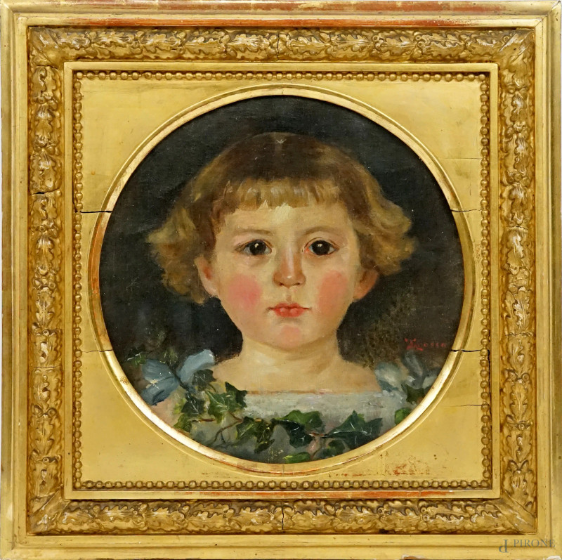 Bambina, olio su tela ad assetto tondo, diam.cm 28, firmato, entro cornice, (mancante il telaio)  - Asta ASTA A TEMPO DI ANTIQUARIATO E ARTE MODERNA - Aste Pirone