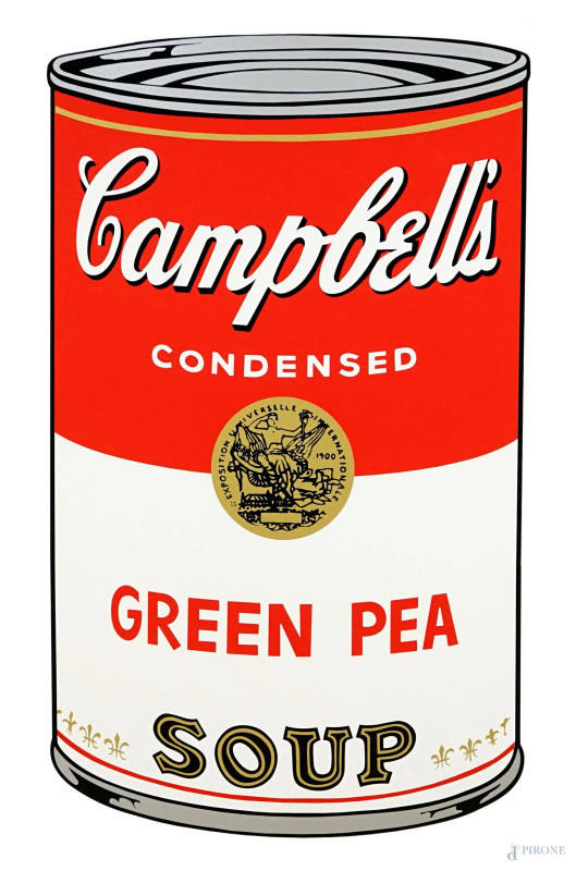 After Andy Warhol (1928-1987), Campbell's Green Pea  Soup, Sunday B. Morning , 2000ca., serigrafia a colori su carta, cm 89x58,5, con timbro blu sul retro: "Fill in your signature" e "Published by Sunday B.Borning", (difetti sulla carta).  - Asta II TORNATA DI ASTA DI ARTE MODERNA E ANTIQUARIATO - Aste Pirone