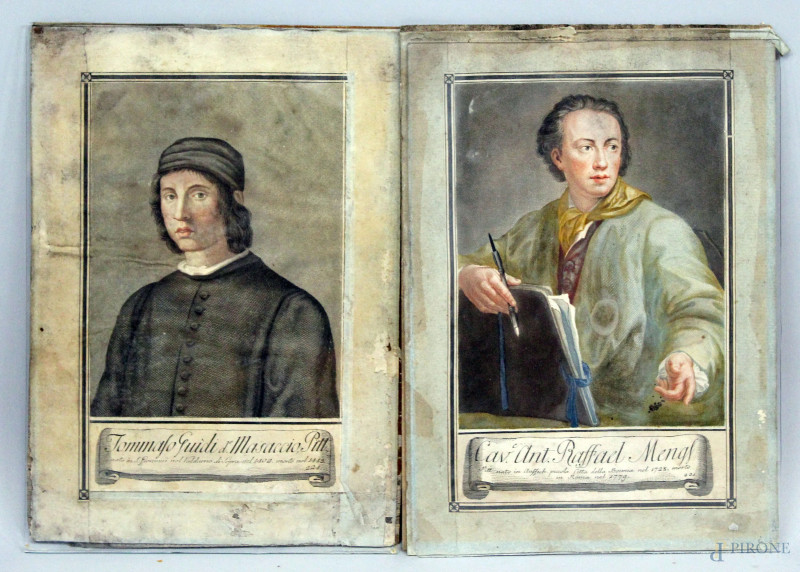 Lotto di due incisioni acquerellate raffiguranti i pittori Raphael Mengs e Tommaso Guidi da Masaccio, cm 35x25, XVIII secolo, (difetti).  - Asta ANTIQUARIATO E ARTE MODERNA - Aste Pirone