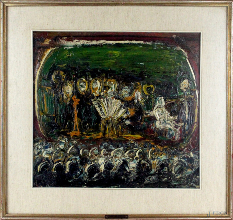 Joan Pistone, L'orchestra, olio su tavola, cm. 40x43, entro cornice.  - Asta SECONDA TORNATA D' ASTA A TEMPO DI FINE STAGIONE - Aste Pirone