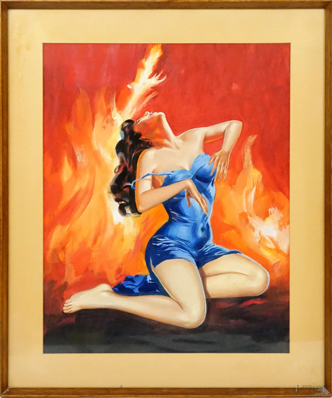 Renato Casaro C.Ren&#233; : Il fuoco della passione, tempera su cartoncino, cm  43x34 ca., entro cornice  - Asta ASTA A TEMPO DI ANTIQUARIATO E ARTE MODERNA - Aste Pirone