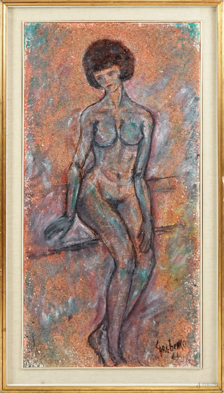 Nudo di donna, tecnica mista su tela, cm 100,5x49,5, firmato,  entro cornice.  - Asta ASTA A TEMPO DI ANTIQUARIATO E ARTE MODERNA – DUE SESSIONI - Aste Pirone