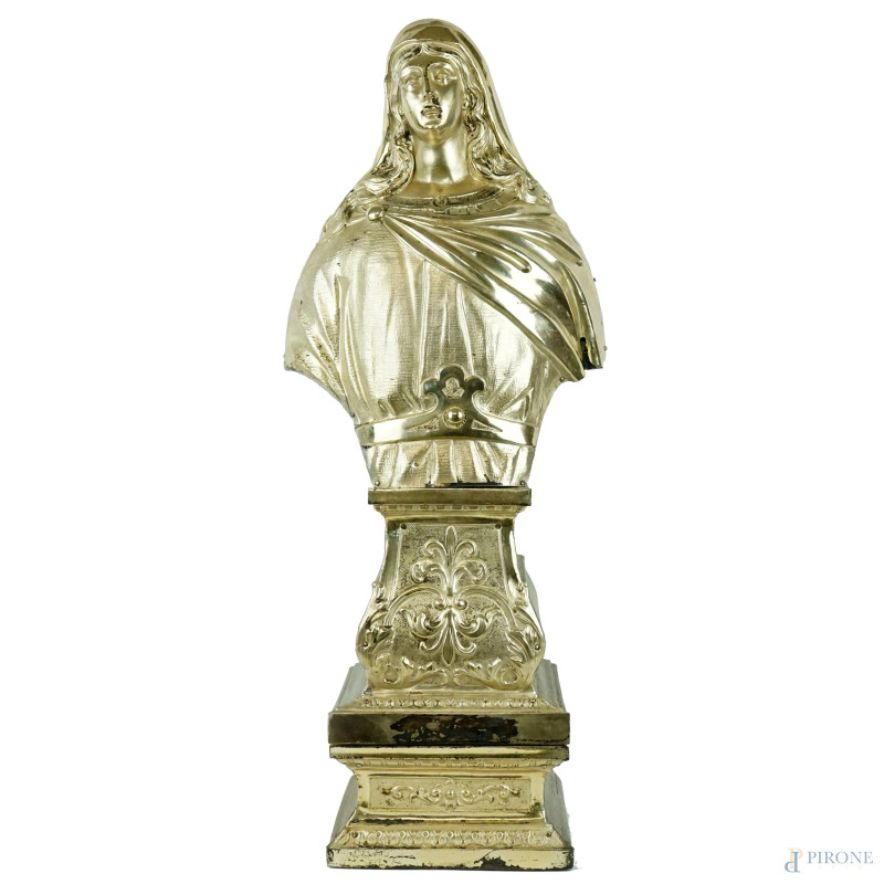 Busto raffigurante Santa, in legno rivestito in lamina di metallo sbalzato e cesellato, cm h 63, XX secolo, (difetti)  - Asta I TORNATA DI ASTA A TEMPO DI ARTE MODERNA E ANTIQUARIATO - Aste Pirone