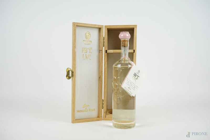 Bonaventura Maschio, Prime Uve, bottiglia di Moscato Rosa da 0,50 l, entro cassa in legno orignale.  - Asta ASTA DI ARTE MODERNA, CONTEMPORANEA E VINTAGE - Aste Pirone