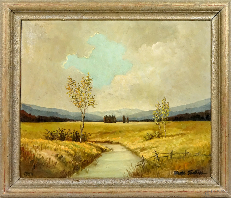 Paesaggio fluviale, olio su cartone, cm 50 x 60, firmato, entro cornice  - Asta ASTA LIVE DI ANTIQUARIATO E ARTE MODERNA – DUE SESSIONI POMERIDIANE - Aste Pirone