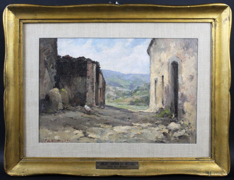 Giulio Rontini da Vicchio : Tiepido sole-Mugello, olio su cartone, 33,5x46,5 cm, firmato e datato in basso a sinistra, entro cornice  - Asta PRIMA TORNATA D' ASTA A TEMPO DI FINE STAGIONE - Aste Pirone