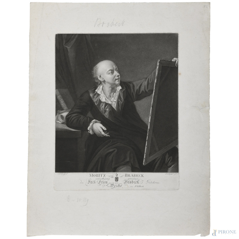 Incisione di F.J. Huck (da dipinto di A. Graff) raffigurante Moritz von Brabeck, XIX secolo, cm 34x27, (segni di usura, gore, foxing, lacerazioni della carta, tracce di piegatura)  - Asta RAPIDA SOLIS - Aste Pirone