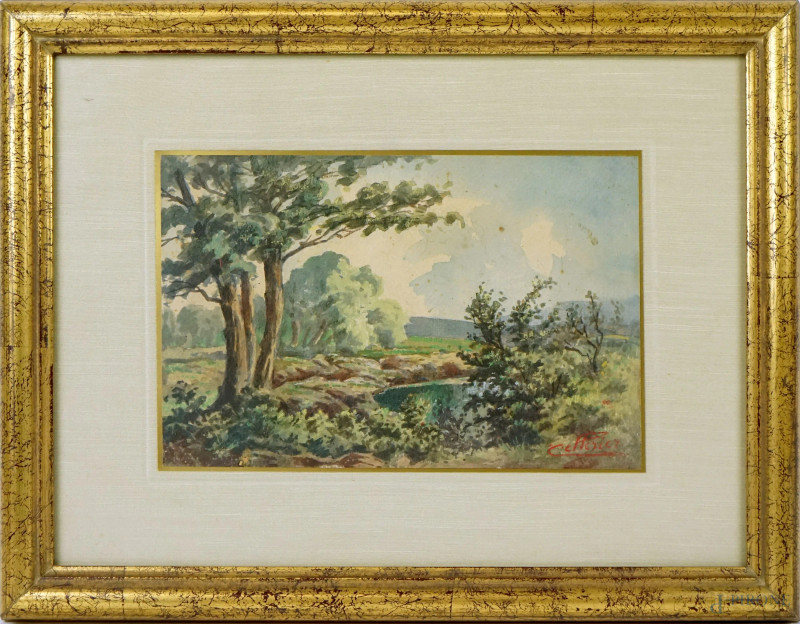 Paesaggio lacustre, acquarello su carta, cm 14x21,5, firmato, entro cornice.  - Asta I TORNATA DI ASTA A TEMPO DI ARTE MODERNA E ANTIQUARIATO - Aste Pirone