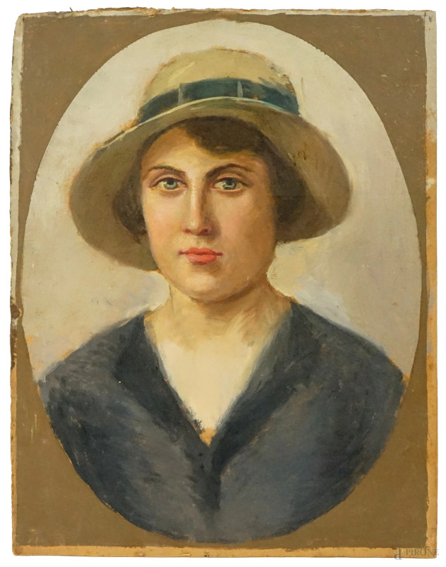 Ritratto di donna con cappello, olio su cartoncino, cm 43,5x33,5, firmato, (difetti).  - Asta ASTA A TEMPO - Aste Pirone