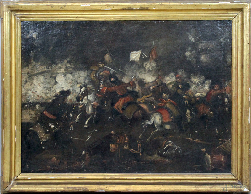 Pittore del XVIII secolo, Battaglia tra cristiani e turchi, olio su tela, cm 66x91, entro cornice.  - Asta Asta a Tempo di Antiquariato e Arte Moderna - Aste Pirone