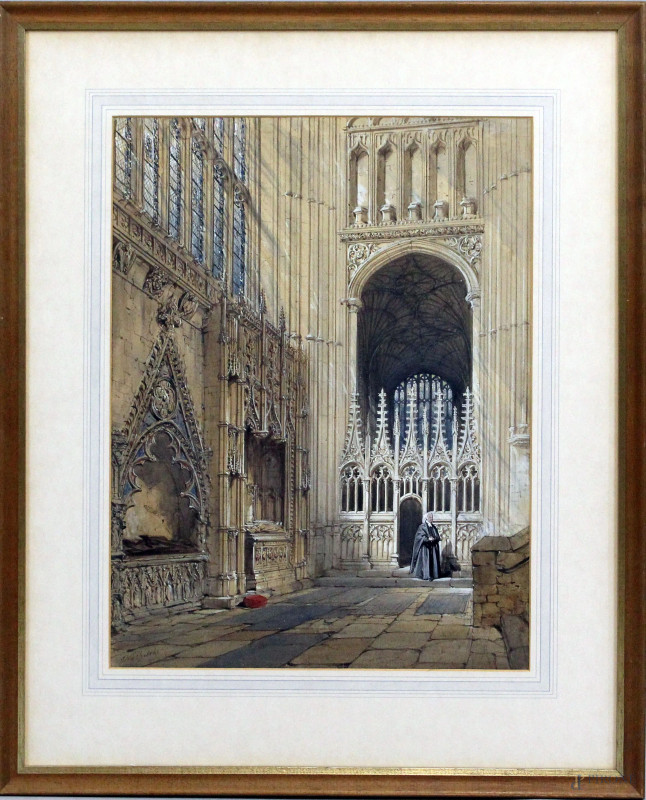 Interno dell'Abbazia di Westminster, acquarello su carta, cm 53x40, firmato  e datato J. Nash 1865, entro cornice.  - Asta ANTIQUARIATO E ARTE MODERNA - Aste Pirone