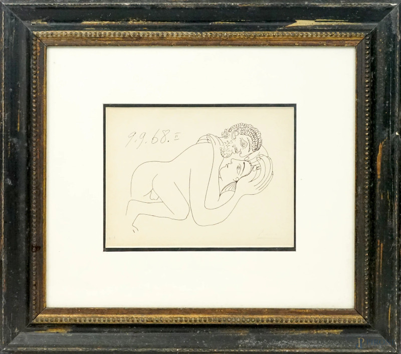 Pablo Picasso : Amanti, incisione, cm 19x26,5 circa, esemplare E.A., entro cornice.  - Asta ASTA A TEMPO DI ANTIQUARIATO E ARTE MODERNA - Aste Pirone