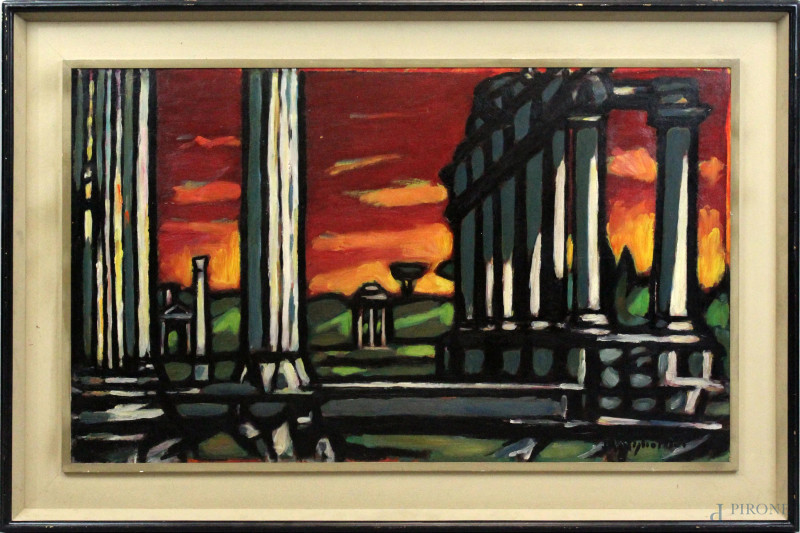 Paesaggio metafisico con rovine, olio su masonite, cm 62x102, firmato, entro cornice.  - Asta PRIMA TORNATA D' ASTA A TEMPO DI FINE STAGIONE - Aste Pirone