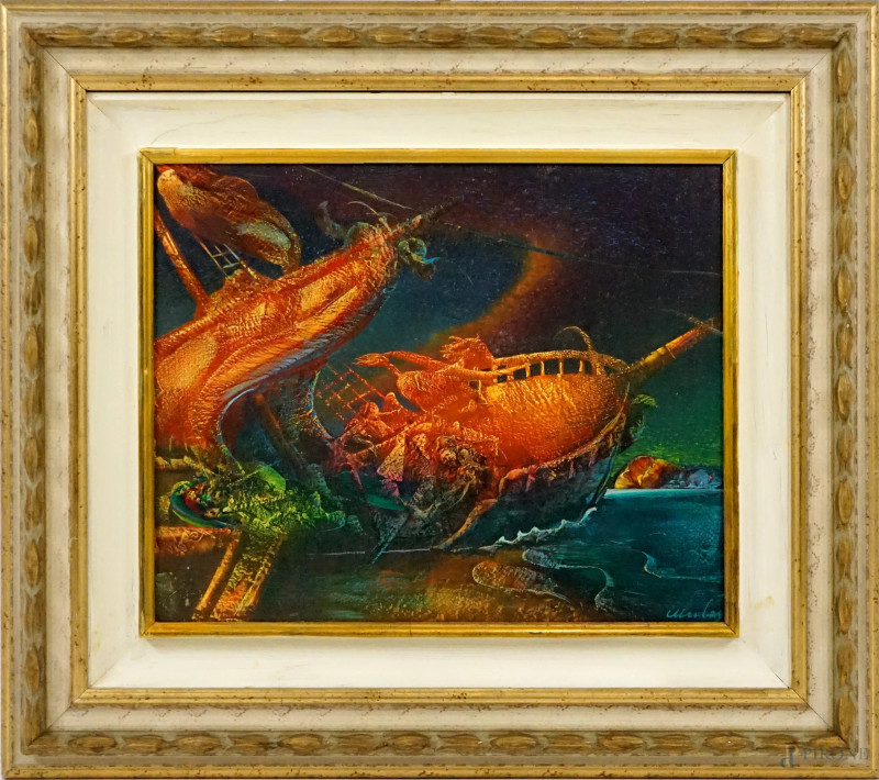 Nave, olio su compensato, cm 40x52,5, firmato, entro cornice  - Asta ASTA DI ARTE MODERNA, CONTEMPORANEA E VINTAGE - Aste Pirone