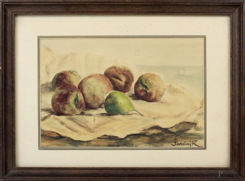 Natura morta con frutta, acquarello su carta, cm 16x23, firmato, entro cornice.  - Asta ASTA DI ARTE MODERNA E ANTIQUARIATO - Aste Pirone