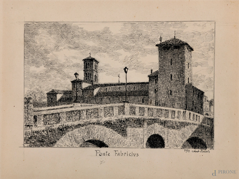 Ponte Fabricius, XIX-XX secolo, china su carta, cm 215x28, firmato e datato "Bozzoli 1929"  - Asta ASTA A TEMPO | IMAGO - Aste Pirone