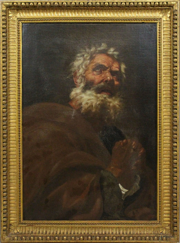 Scuola napoletana del XVII secolo, Santo, olio su tela, cm 80x60, siglato in basso a destra con le iniziali G.R., entro cornice.  - Asta ANTIQUARIATO E ARTE MODERNA - Aste Pirone