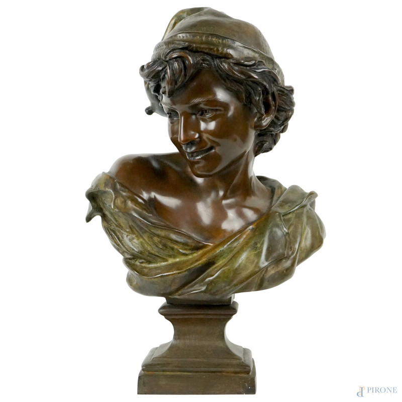 Busto di fanciullo, scultura in bronzo, cm h 47, firmata J.B.Carpeaux, base in marmo.  - Asta I TORNATA DI ASTA A TEMPO DI ARTE MODERNA E ANTIQUARIATO - Aste Pirone