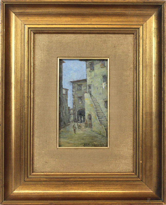 Borgo con figure, olio su cartone, cm 17x10, firmato, entro cornice.  - Asta ANTIQUARIATO E ARTE MODERNA - Aste Pirone