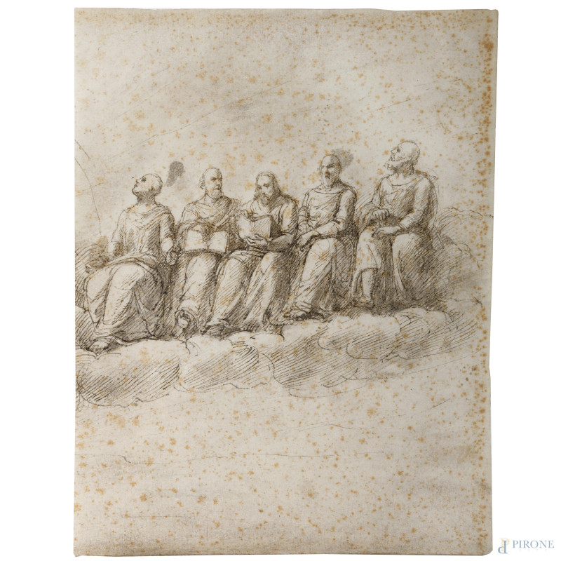 Cristo tra gli Evangelisti, china su carta, XVII-XVIII secolo, cm 25,5x20, ( tracce di umidità, gore, foxing)  - Asta ASTA A TEMPO | VARIÆ - Aste Pirone