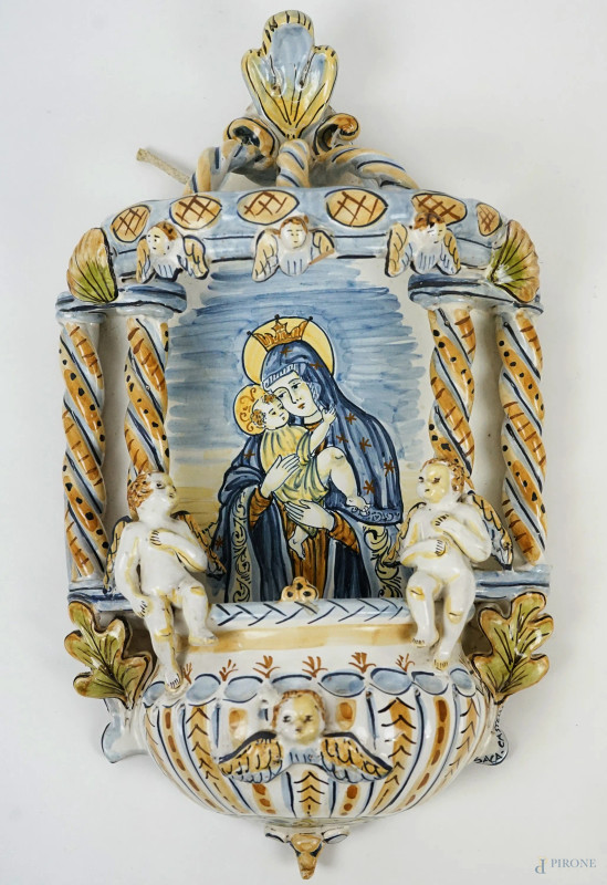 Acquasantiera in maiolica policroma Castelli, Terregna, XX secolo  - Asta ASTA A TEMPO di Arte Moderna e Antiquariato - Aste Pirone