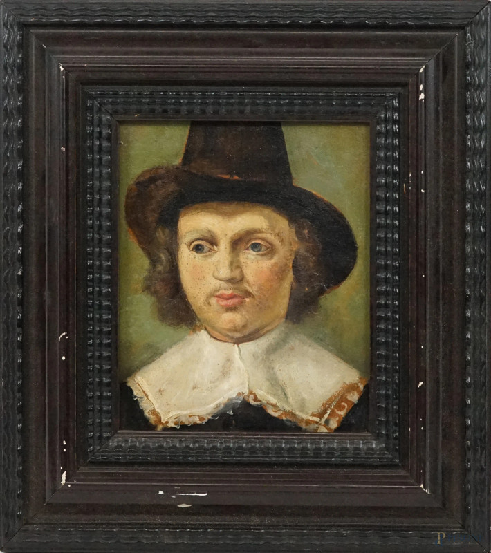 Pittore olandese del XIX secolo, Ritratto di uomo con cappello, olio su tavola, cm 16x13, entro cornice.  - Asta ASTA A TEMPO DI ANTIQUARIATO E ARTE MODERNA - Aste Pirone