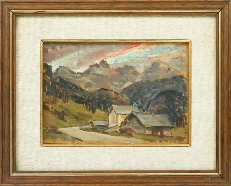 Tra i monti, olio su compensato, cm 14x21, firmato Aldo Bergamini, entro cornice.  - Asta ASTA A TEMPO DI ANTIQUARIATO E ARTE MODERNA - Aste Pirone