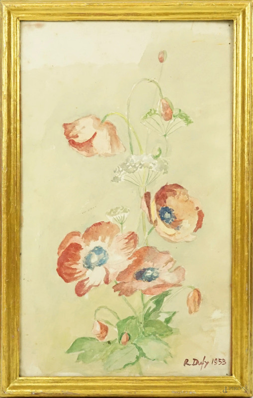 Fiori, acquerello su carta, cm 41,5 x 25, entro cornice, firmato e datato  - Asta ASTA LIVE DI ANTIQUARIATO E ARTE MODERNA – DUE SESSIONI POMERIDIANE - Aste Pirone