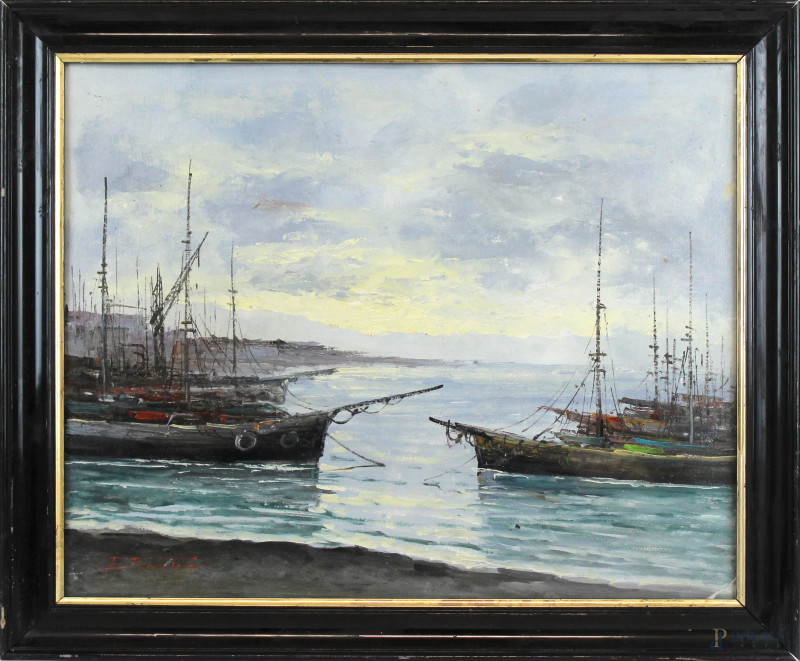 Marina con imbarcazioni, olio su cartone telato, cm 40x50, firmato, entro cornice.  - Asta ANTIQUARIATO E ARTE MODERNA - Aste Pirone