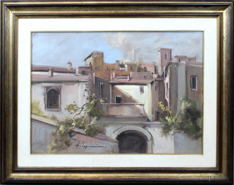 Scorcio di paese, olio su tela , cm 50x70, firmato, entro cornice.  - Asta ASTA A TEMPO - DUE SESSIONI - Aste Pirone