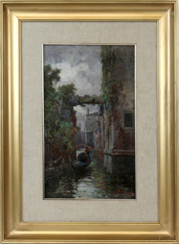 Canale San Polo a Venezia, olio su legno, cm 44x27, firmato, entro cornice.  - Asta ANTIQUARIATO E ARTE MODERNA - Aste Pirone