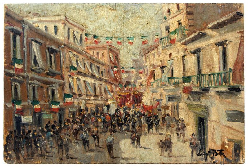 Festa della Repubblica italiana, olio su compensato, cm 18,5x28, firmato.  - Asta ASTA DI ARTE MODERNA E ANTIQUARIATO - Aste Pirone