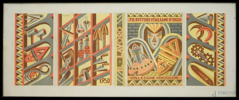 Fortunato Depero : Senza titolo, stampa a colori, cm 29,5x83, entro cornice.  - Asta ASTA A TEMPO - DUE SESSIONI - Aste Pirone