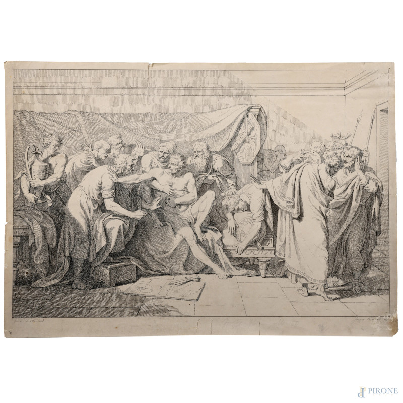 La morte del filosofo, XIX secolo, incisione su carta, cm 37x53, (segni di usura, tracce di umidità, gore, foxing, lacerazioni della carta, tracce di piegatura)  - Asta RAPIDA SOLIS - Aste Pirone