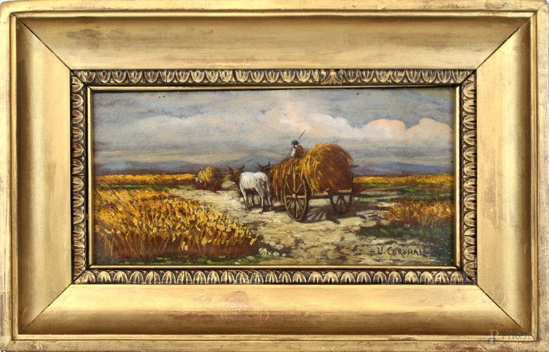 Paesaggio con carro e buoi, olio su compensato, cm 15x30, firmato, entro cornice.  - Asta ASTA DI ARTE MODERNA E ANTIQUARIATO - Aste Pirone