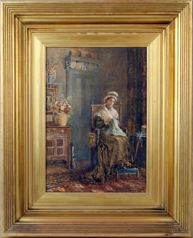 Interno con donna che ricama, acquarello su cartone, cm 34x48,  firmato  e datato G.Induno 1887, entro cornice.  - Asta Asta a Tempo di Antiquariato e Arte Moderna - Aste Pirone