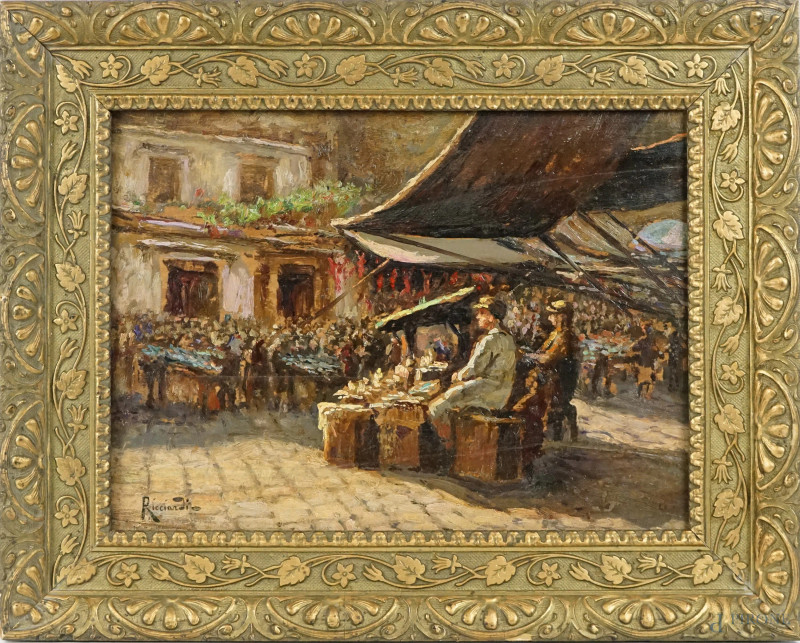 Scena di mercato, olio su tavola, cm 24x33,5, firmato Ricciardi, entro cornice  - Asta I TORNATA DI ASTA A TEMPO DI ARTE MODERNA E ANTIQUARIATO - Aste Pirone