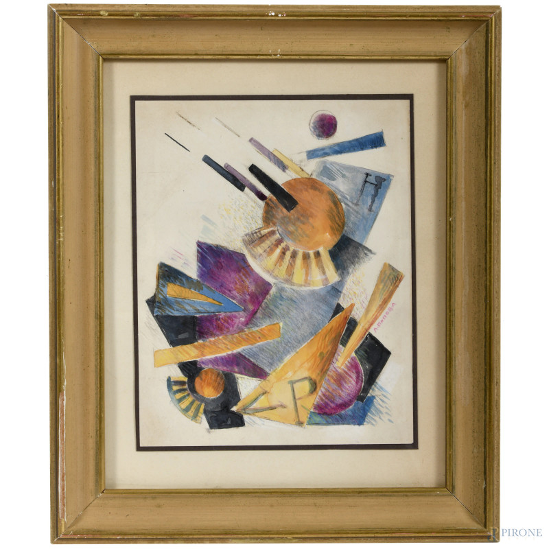 Composizione suprematista, XX secolo, tecnica mista su carta, cm 31x24,5, entro cornice (segni di piegatura, ondulazioni della carta e tracce di umidità)  - Asta ASTA A TEMPO | PICTA MANENT - Aste Pirone