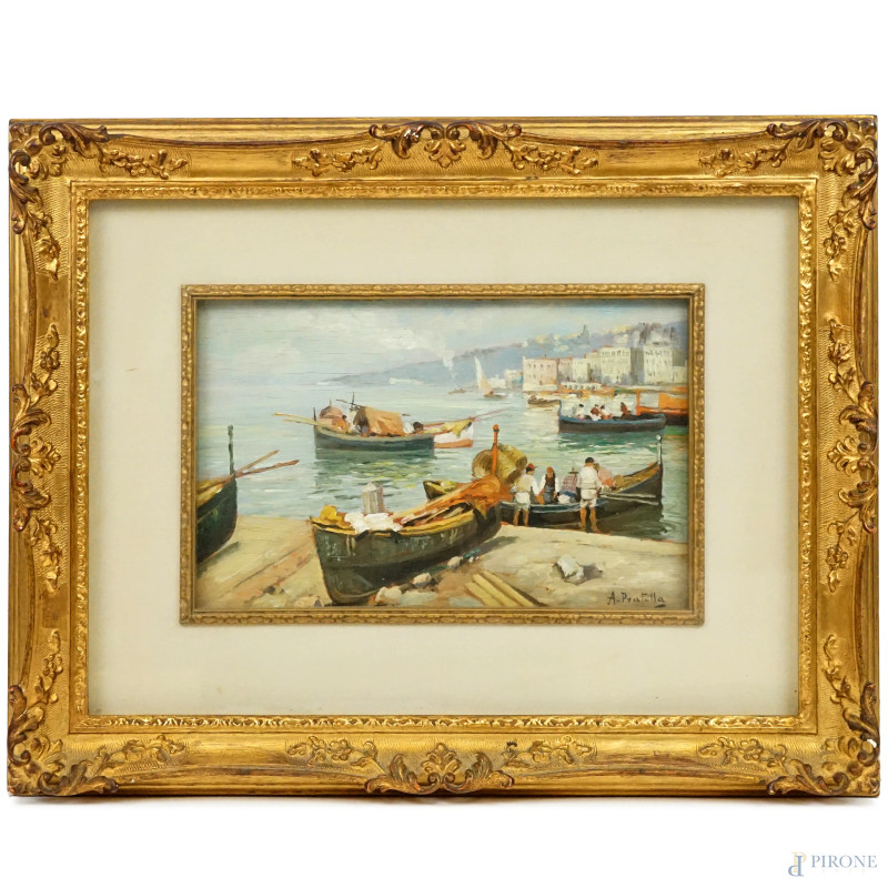 Napoli - Mergellina, olio su tavola, cm 22,5x35, firmato, entro cornice  - Asta ASTA A TEMPO DI ANTIQUARIATO E ARTE MODERNA – DUE SESSIONI - Aste Pirone