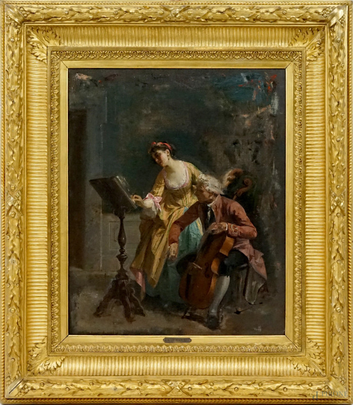 Mos&#232; Bianchi : Attribuito a, La Melodia, olio su tela, cm 46,5x57, in cornice.  - Asta ASTA A TEMPO DI ANTIQUARIATO E ARTE MODERNA - Aste Pirone